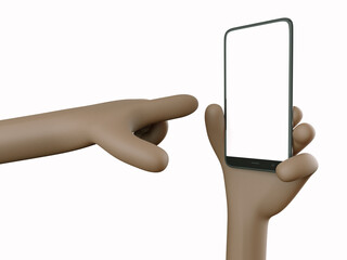Phone in hand. Blank white screen on the phone. Finger points to phone screen. Mockup. 3d rendering. 3d illustration. 3d hand - 414128109
