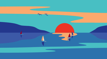 Fototapeta na wymiar Seaside Sunset Minimalist Style flat color vector