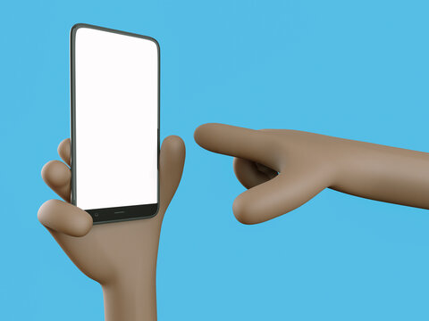 Phone in hand. Blank white screen on the phone. Finger points to phone screen. Mockup. 3d rendering. 3d illustration. 3d hand