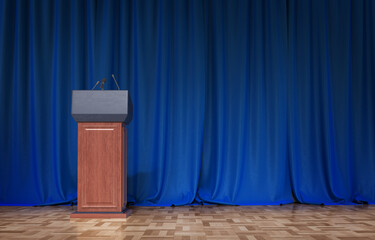 Tribune with microphones on blue background 3d illustration