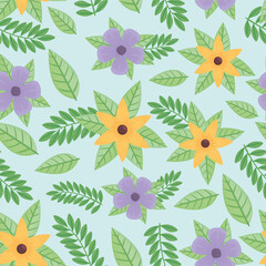 purple and yellow flowers and leafs spring pattern vector illustration design