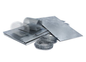 Metal sheets, rolls of wire and rolled up nets on a white background, 3d illustration