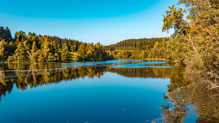 Fototapeta na wymiar Beautiful summer view with reflections near Regen, Bavarian forest, Bavaria, Germany