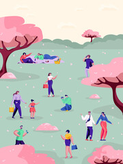 Obraz na płótnie Canvas Cute cartoon people walking in the spring park with blossom. Funny characters are outdoor for picnic, vacation, sport, photography. Relaxing and spending time outside. Vector flat illustration.