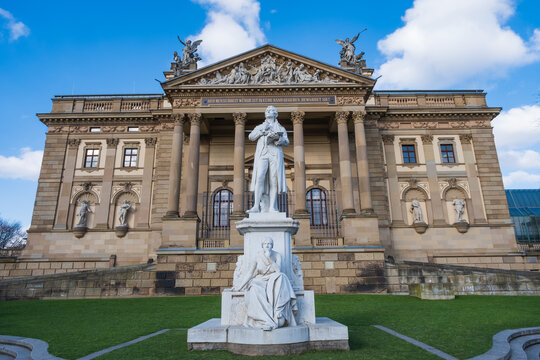 View Towards The Theater With The Schiller Monument In Front Of It In Wiesbaden / Germany On A Sunny Day 