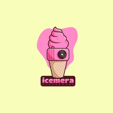 ice cream and camera character mascot logo design vector illustration