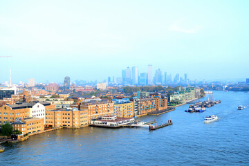 Fototapeta na wymiar aerial view of the river thames to east side of london - London, England, United Kingdom (UK)