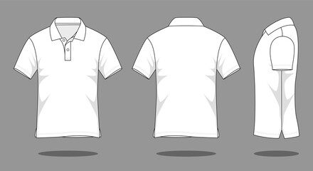 White short-sleeve polo shirt template on gray background. Front, back, and side views, vector file.