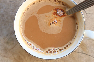 Close-up Hot coffee in a white mug ready to drink