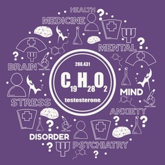 Chemical formula of hormone testosterone. Infographics illustration. Circle frame with medicine thin line icons and tags.