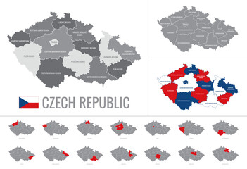 Detailed vector map of regions of Czech Republic with flag