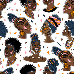 African American pretty girls. Vector Illustration of Black Woman with glossy lips and turban. Great for avatars. Seamless surface pattern isolated on white.