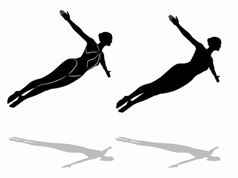 silhouette woman jumping or falling into water, vector drawing