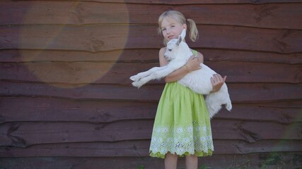 6 year old girl holding a small goat in her arms.