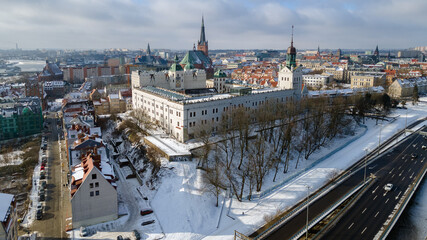 Szczecin, 15 February 2021 Panorama of the city. The old town, the hill with the Castle
