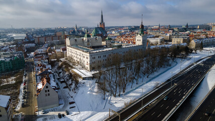 Szczecin, 15 February 2021 Panorama of the city. The old town, the hill with the Castle