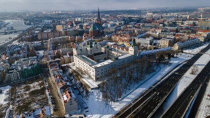 Szczecin, 15 February 2021 Panorama of the city. The old town, the hill with the Castle
