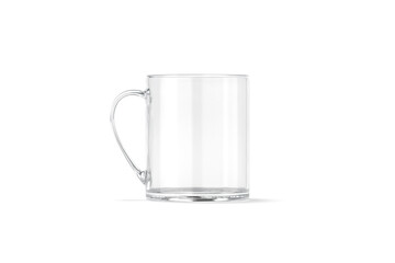 Blank transparent glass 11 oz mug with handle mockup stand, isolated
