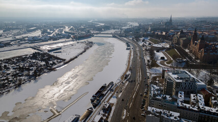 Szczecin 15.02.2021 panorama of the city from the Odra river, Winter, the river frozen