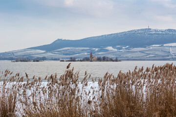 Lake Mušov, partially frozen by ice, with dry reeds in the foreground and the Pálava Mountains in the background. In the middle of the church of St. Linharta.