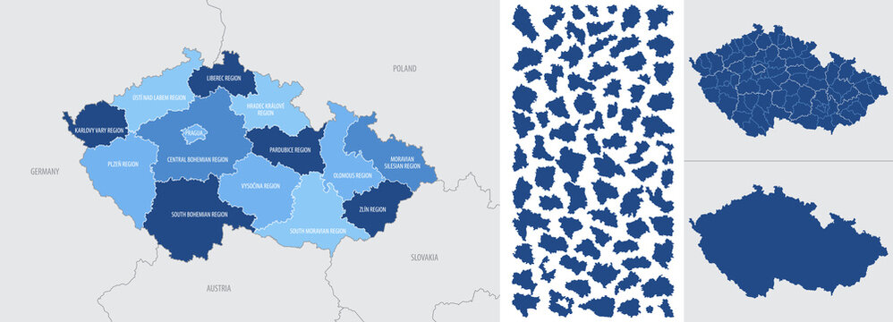 Detailed, vector, blue map of Czech Republic with administrative divisions into regions country