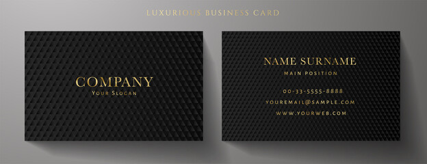Business card with luxury abstract black triangle pattern (carbon texture). Formal premium background template useful for invitation design, Gift card, voucher or gift coupon