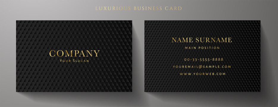 Business card with luxury abstract black triangle pattern (carbon texture). Formal premium background template useful for invitation design, Gift card, voucher or gift coupon