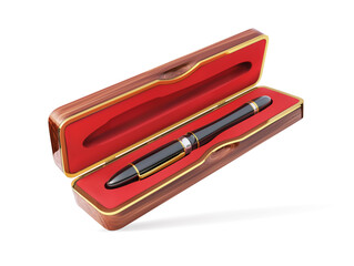 Ink pen in an open wooden case. Vector illustration