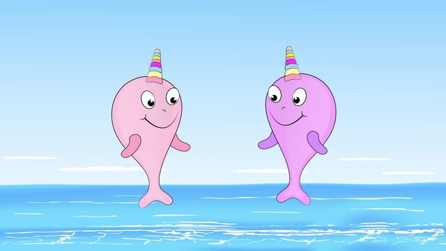 Two funny narwhals play in the sea.