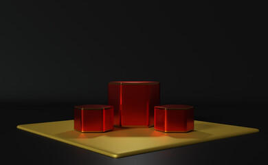 red podium empty with geometric shapes in black composition for modern stage display and minimalist mockup ,abstract showcase background ,Concept 3d illustration or 3d render