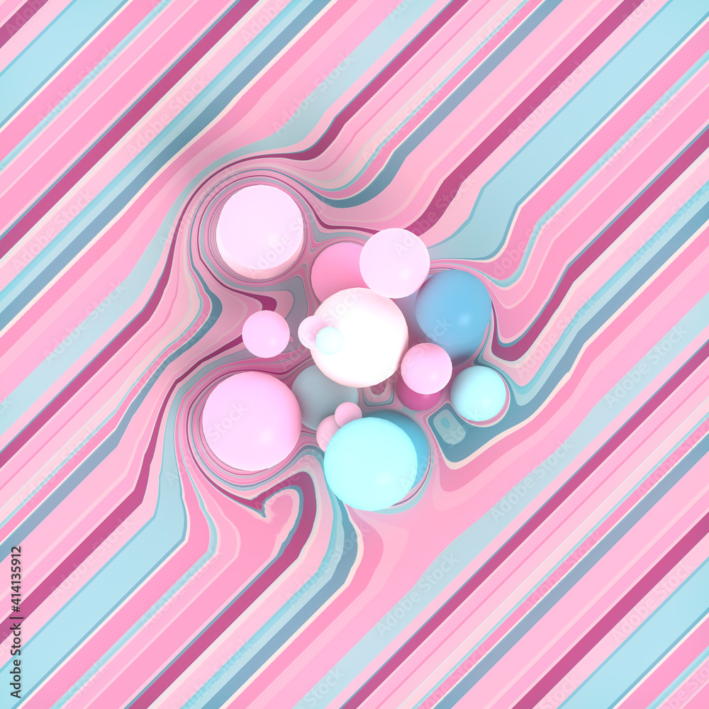 Poster Multi colored balls on a striped distorted surface. Modern 3d rendering digital illustration. Decorative design element