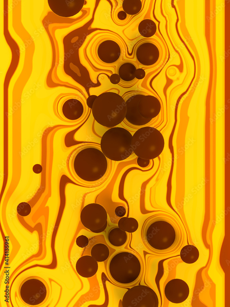 Aufkleber Group of brown spherical shapes on a multi-colored distort striped surface. 3d rendering digital illustration