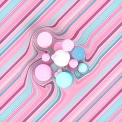 Multi colored balls on a striped distorted surface. Modern 3d rendering digital illustration. Decorative design element