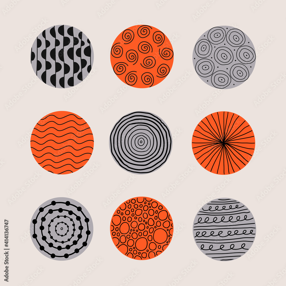 Poster modern abstract set colorful round shapes with black lines, circles, drops . vector hand drawn illus