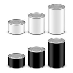 white and black cans of different sizes isolated on white background mock up vector