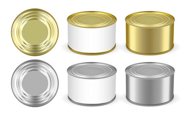 set of golden and silver metal tin can isolated on white background mock up vector