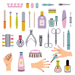 Manicure salon items. Polish nails pedicure tools in beauty salon for women haircut tweezers vector collection. Illustration pedicure care, fingernail tool equipment, clipper and tweezers