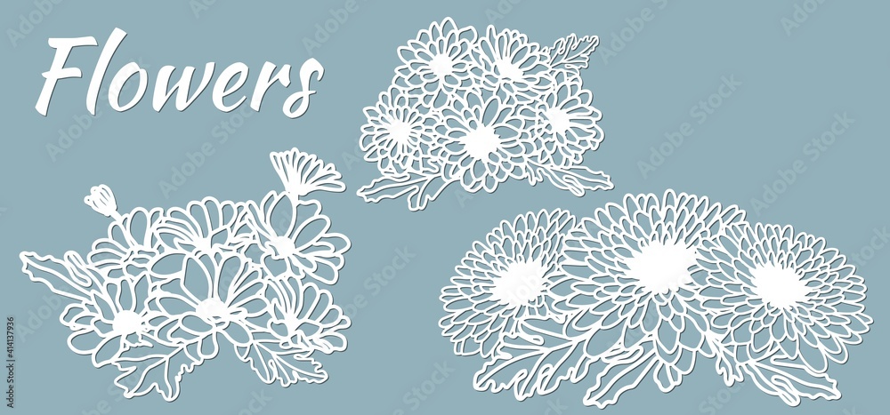 Wall mural chrysanthemums. set template for laser cutting and Plotter. Flowers, leaves for decoration. Vector illustration. Sticker set flowers. plotter and screen printing.