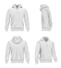 Hoodie realistic. Fashion sport clothes for man sweater casual white shirt decent vector pictures set. Illustration casual hoodie and sleeve