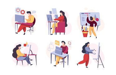 Programmers characters. Web codders designers working testers mailing writers garish vector illustrations of stylized people. Illustration coder work, programmer development