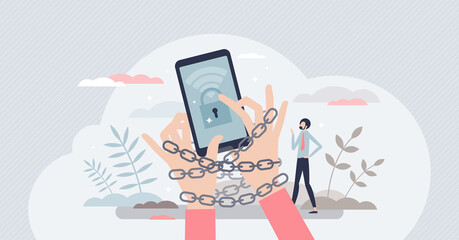 Internet addiction problem as attached to phone habit tiny person concept