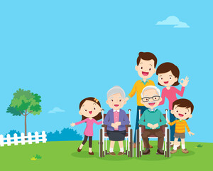 Obraz na płótnie Canvas grandparents sitting on wheelchair and family