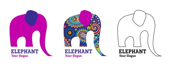 Abstract vector elephant with indian patterns. Template for creating a logo, emblems. monograms. In three color solutions. - obrazy, fototapety, plakaty