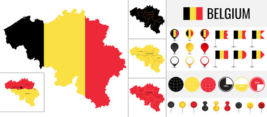 Obraz premium Belgium vector map with flag, globe and icons on white background