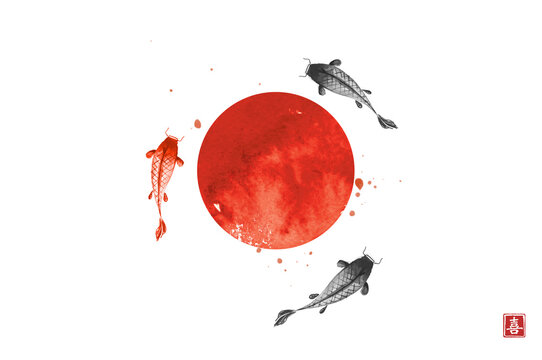 Three big koi carps and big red sun, symbol of Japan. Traditional Japanese ink wash painting sumi-e.