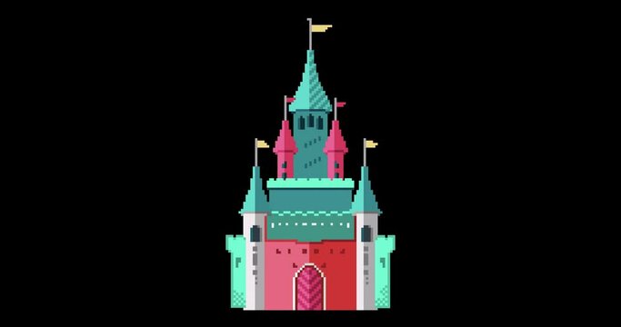 Animation pixel castle for games and web sites. Castles and fortresses vector. Pixel art. Old school computer graphic style 8 bit. Alpha channel