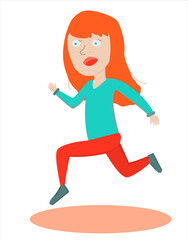 Fototapeta na wymiar Running red girl on white background in cartoon style. Vector illustration for web-design, posters, postcards, etc