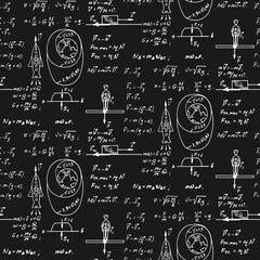 The law of force of gravity. Physical equations on blackboard. Vector hand-drawn seamless pattern. Vintage scientific and educational background.
