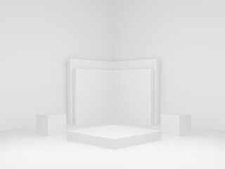 3D rendered geometric stage. White corner background