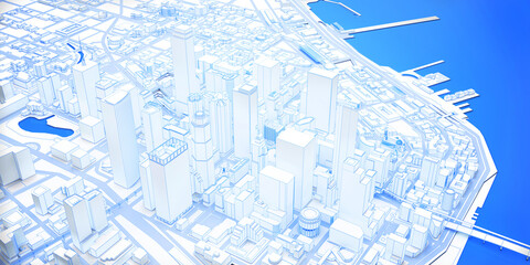 white low poly modern downtown with coastline above view